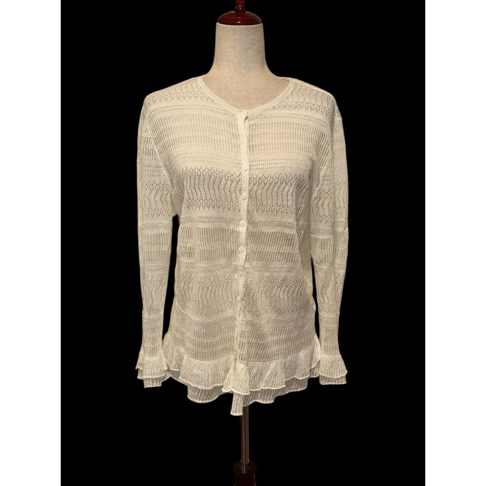 Ralph Lauren POLO Ivory Pointelle Knit Lacy Cardigan Sweater‎ Ruffles Linen XL